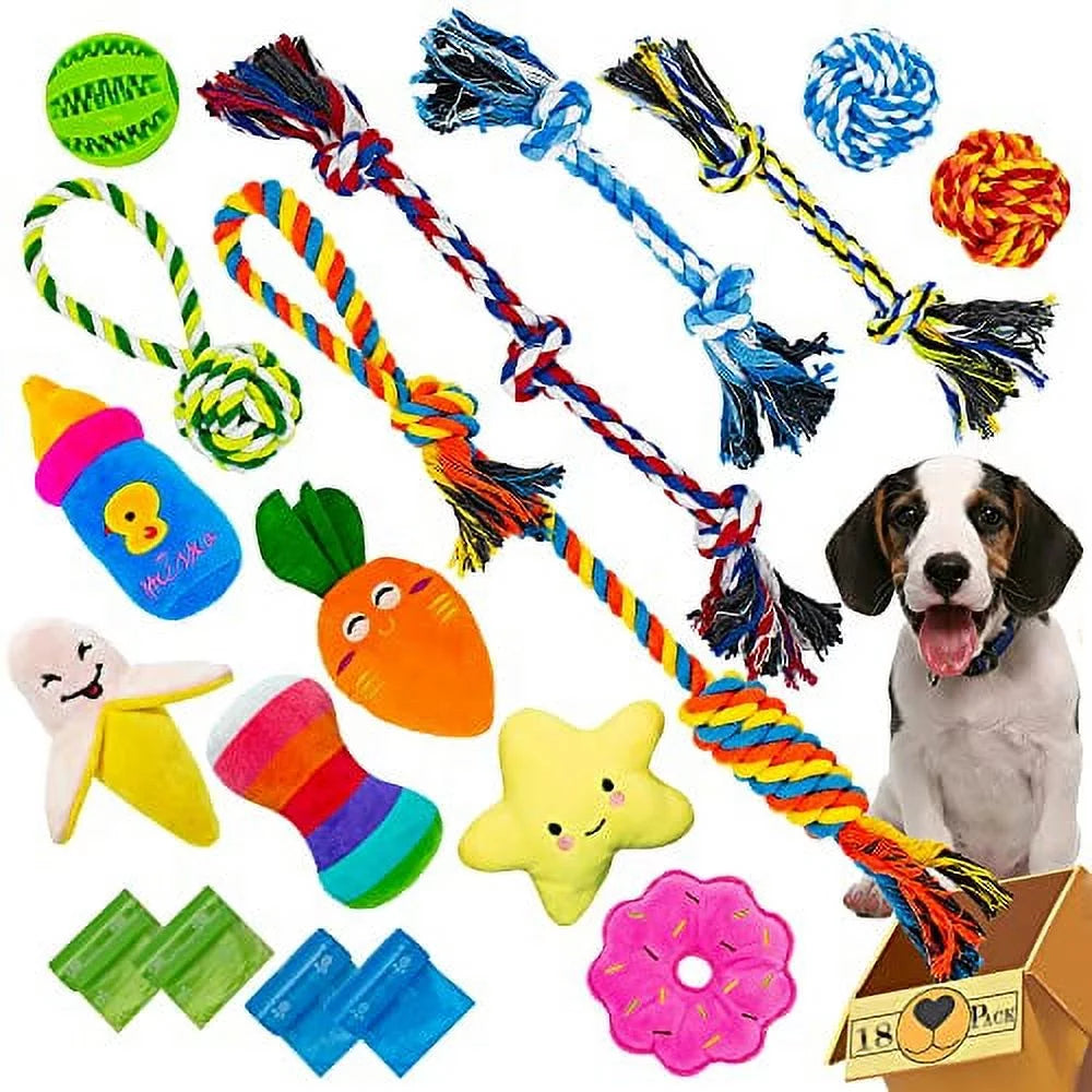 Dog Toys for Puppies -  18 Pcs Pet Interactive Toys with Rope Toys, Squeaky Toys, Plush Toys for Puppy and Small Dogs, Colorful, Durable & Safe Tug of War Toys, Great Toys for Furry Friends